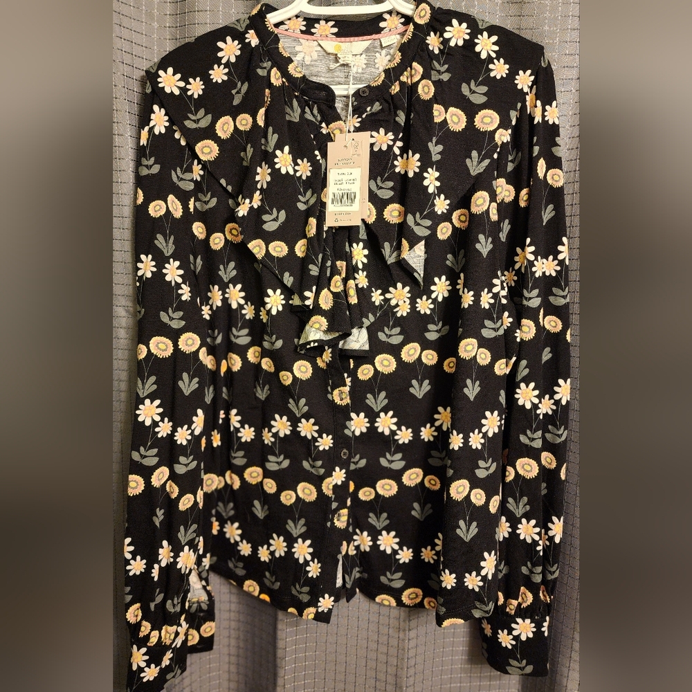 Boden, NWT, Black and Yellow Floral Blouse
